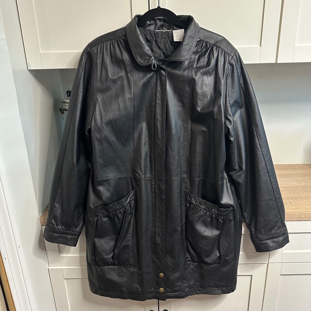 Oversized Vintage Black Leather Jacket Heavyweight Matrix Grunge Mid Length US M